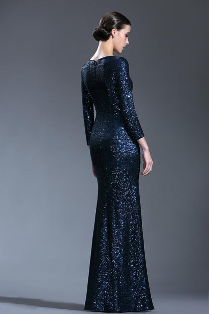 Sexy Slit Bateau Long Sleeves Full Length Sequined Promo Dresses