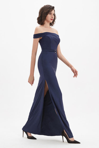 Sexy Slit Off Shoulder Sleeveless Full Length Polyester Promo Dresses