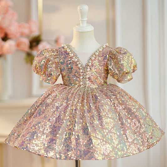 Princess Pink Sequined Bow / Tie Back Baptism Beaded Tea Length Short Sleeve Puff Sleeve V-Neck Flower Girl Dress