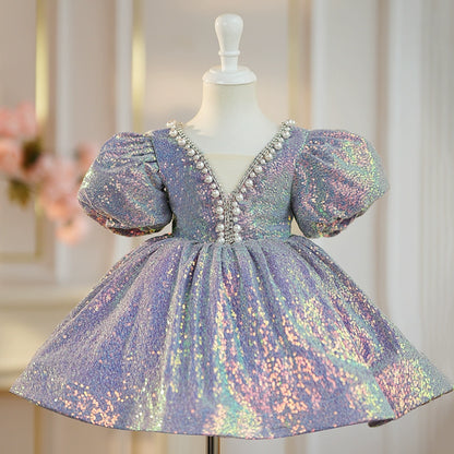 Princess Pink Sequined Bow / Tie Back Baptism Beaded Tea Length Short Sleeve Puff Sleeve V-Neck Flower Girl Dress