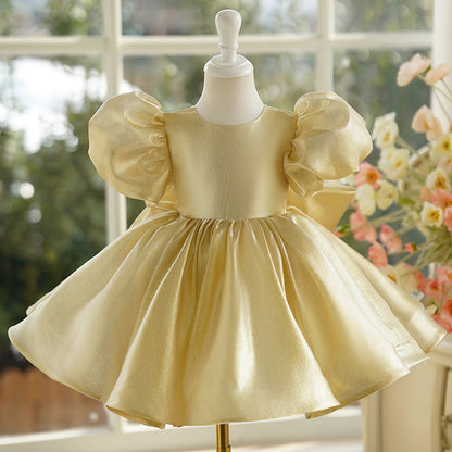 Round Tea Length Satin Flower Girl Dress in Gold