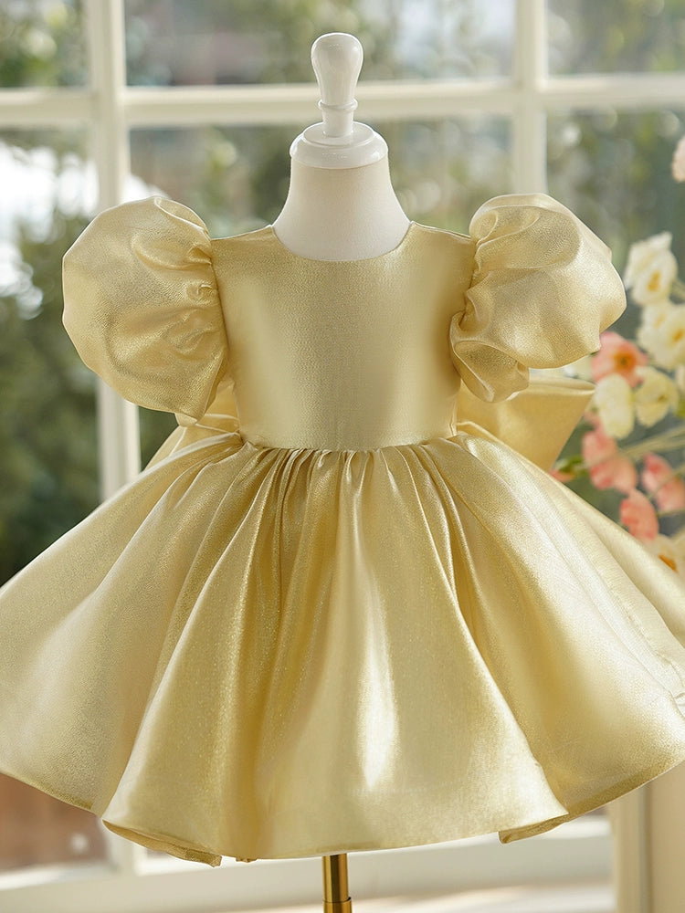 Gold Satin Bow / Tie Back Baptism Bow(s) Tea Length Short Sleeve Puff Sleeve Round Flower Girl Dress