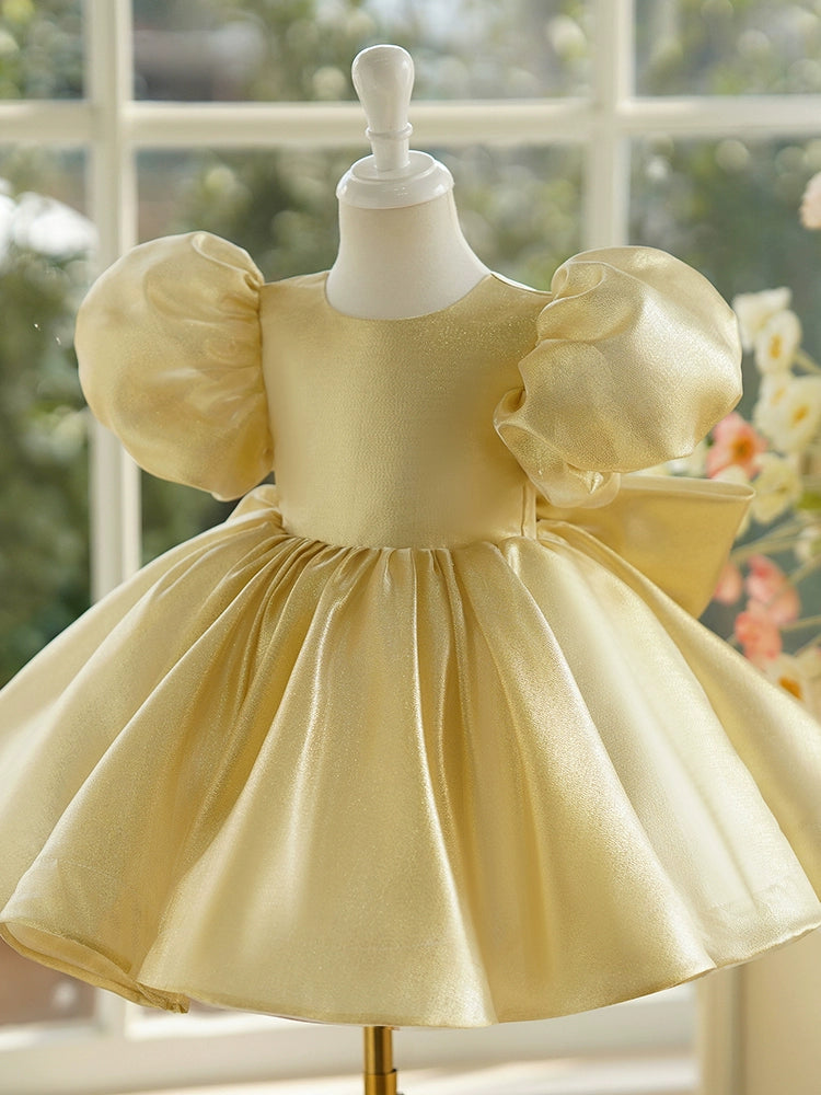 Gold Satin Bow / Tie Back Baptism Bow(s) Tea Length Short Sleeve Puff Sleeve Round Flower Girl Dress