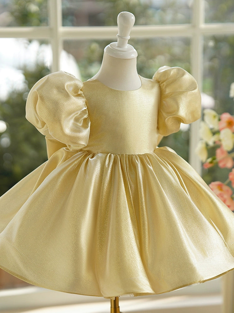 Gold Satin Bow / Tie Back Baptism Bow(s) Tea Length Short Sleeve Puff Sleeve Round Flower Girl Dress