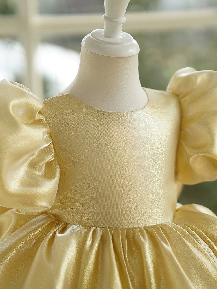 Gold Satin Bow / Tie Back Baptism Bow(s) Tea Length Short Sleeve Puff Sleeve Round Flower Girl Dress