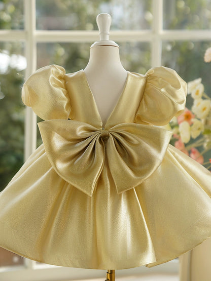 Gold Satin Bow / Tie Back Baptism Bow(s) Tea Length Short Sleeve Puff Sleeve Round Flower Girl Dress