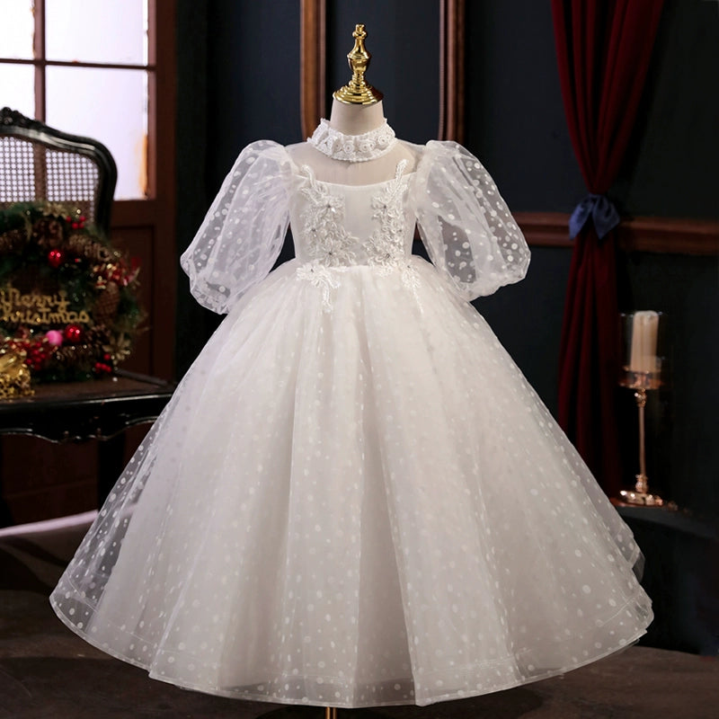 Princess White Tulle Crossed Straps Baptism Lace Floor Length 1/2 Sleeve Lantern Sleeve Mock Neck Flower Girl Dress