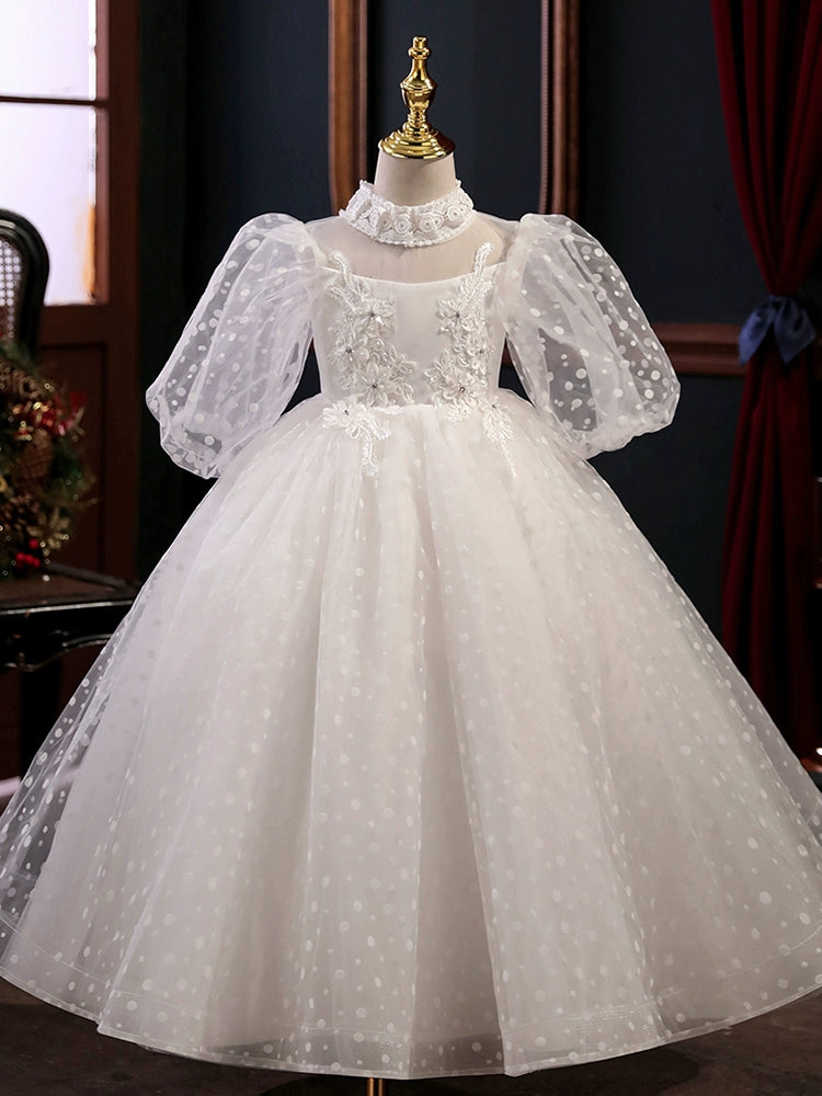 Princess White Tulle Crossed Straps Baptism Lace Floor Length 1/2 Sleeve Lantern Sleeve Mock Neck Flower Girl Dress