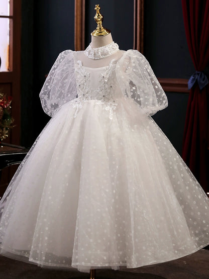 Princess White Tulle Crossed Straps Baptism Lace Floor Length 1/2 Sleeve Lantern Sleeve Mock Neck Flower Girl Dress