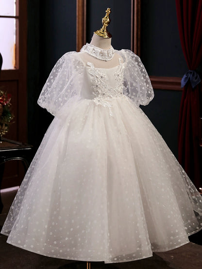 Princess White Tulle Crossed Straps Baptism Lace Floor Length 1/2 Sleeve Lantern Sleeve Mock Neck Flower Girl Dress