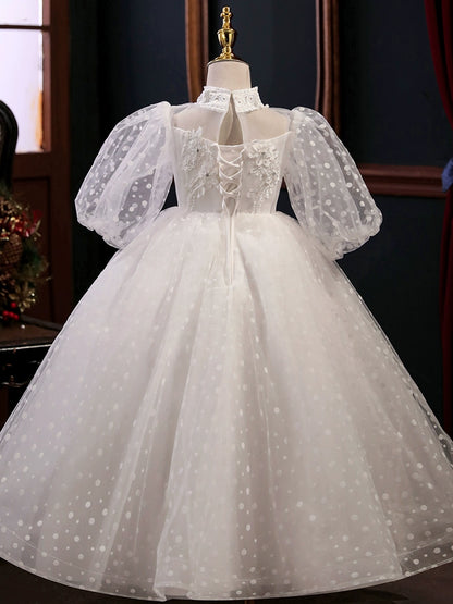 Princess White Tulle Crossed Straps Baptism Lace Floor Length 1/2 Sleeve Lantern Sleeve Mock Neck Flower Girl Dress