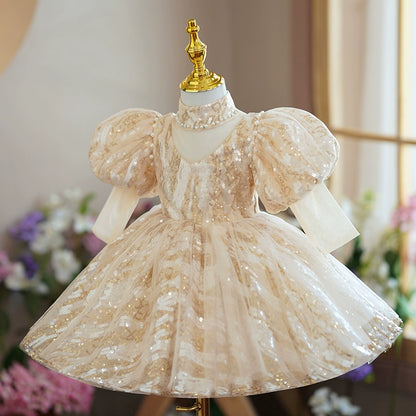 Princess Champagne Sequined Back Zip Baptism Beaded Tea Length 1/2 Sleeve Puff Sleeve Mock Neck Flower Girl Dress