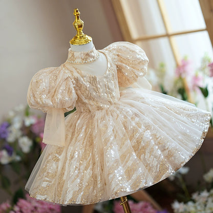Princess Champagne Sequined Back Zip Baptism Beaded Tea Length 1/2 Sleeve Puff Sleeve Mock Neck Flower Girl Dress