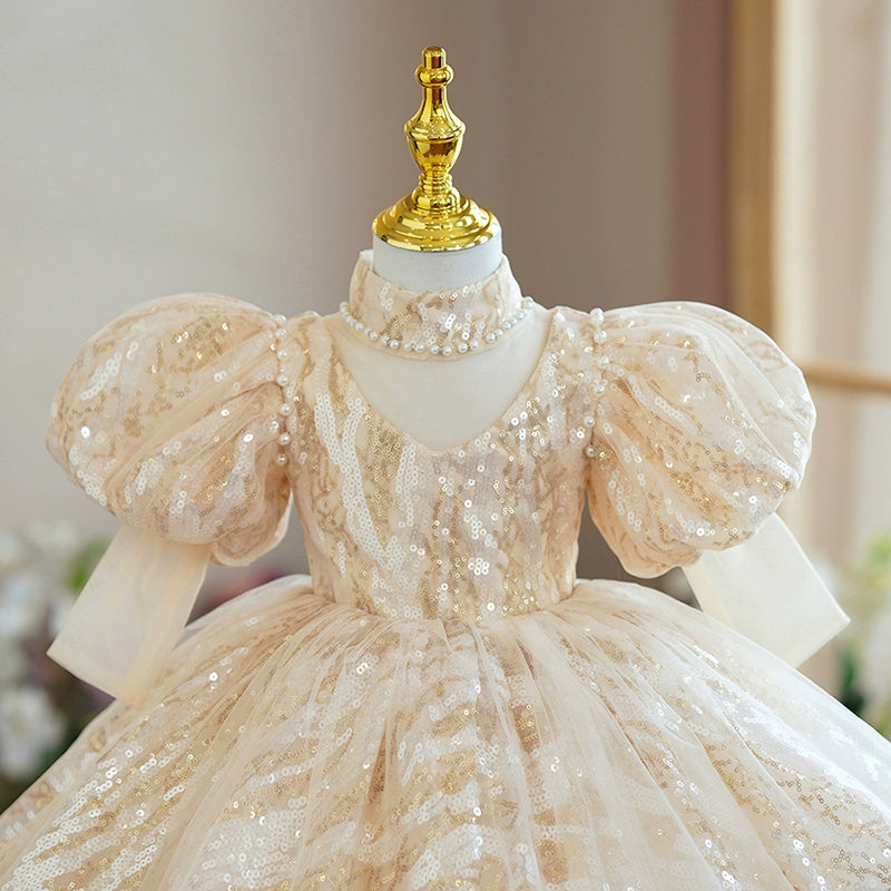 Princess Champagne Sequined Back Zip Baptism Beaded Tea Length 1/2 Sleeve Puff Sleeve Mock Neck Flower Girl Dress