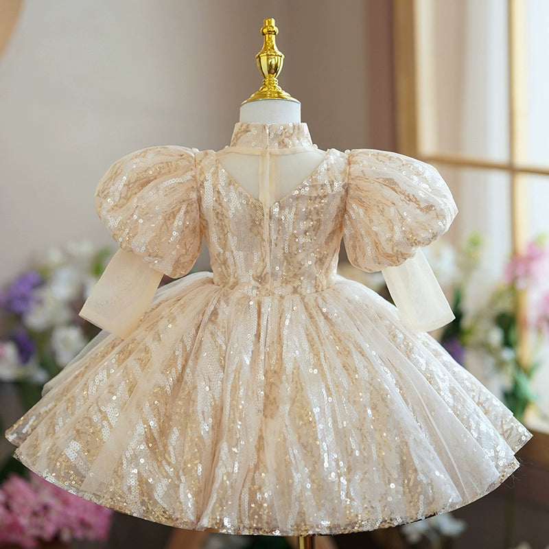 Princess Champagne Sequined Back Zip Baptism Beaded Tea Length 1/2 Sleeve Puff Sleeve Mock Neck Flower Girl Dress