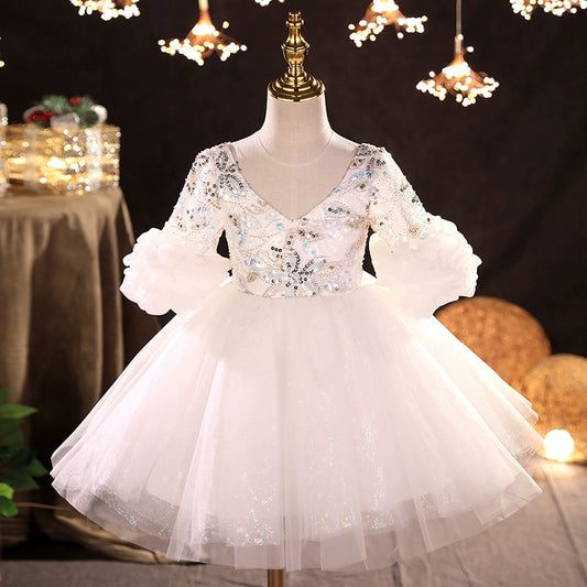 Princess White Tulle Back Zip Baptism Sequins Tea Length 1/2 Sleeve Puff Sleeve V-Neck Flower Girl Dress