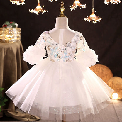 Princess White Tulle Back Zip Baptism Sequins Tea Length 1/2 Sleeve Puff Sleeve V-Neck Flower Girl Dress