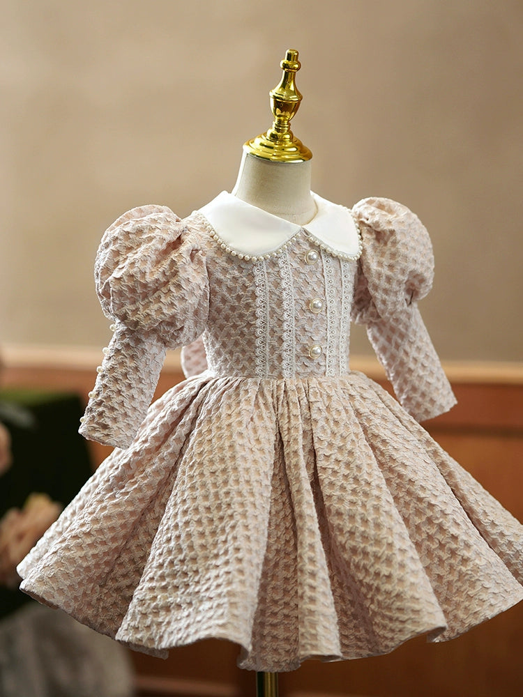 Princess Champagne Satin Back Zip Baptism Lace Tea Length 3/4 Sleeve Puff Sleeve Collared Neck Flower Girl Dress