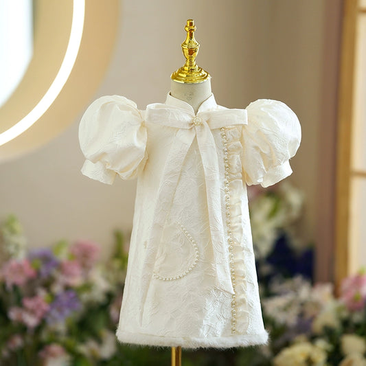 A-line Champagne Satin Back Zip Baptism Beaded Tea Length Short Sleeve Puff Sleeve Mock Neck Flower Girl Dress