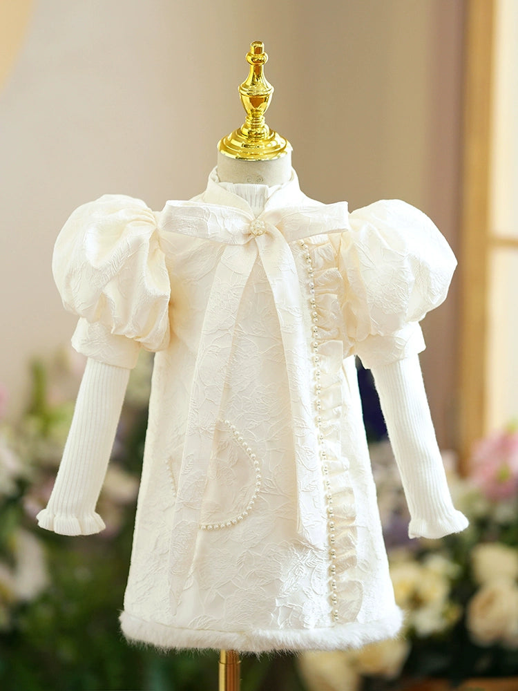 A-line Champagne Satin Back Zip Baptism Beaded Tea Length Short Sleeve Puff Sleeve Mock Neck Flower Girl Dress