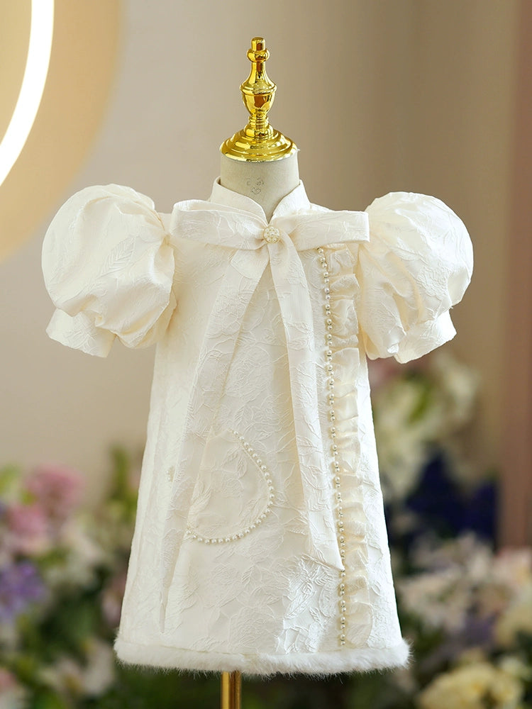 A-line Champagne Satin Back Zip Baptism Beaded Tea Length Short Sleeve Puff Sleeve Mock Neck Flower Girl Dress