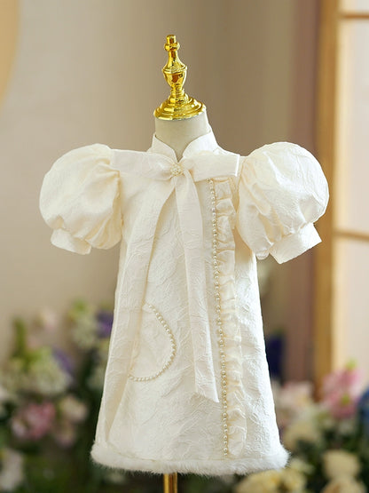 A-line Champagne Satin Back Zip Baptism Beaded Tea Length Short Sleeve Puff Sleeve Mock Neck Flower Girl Dress