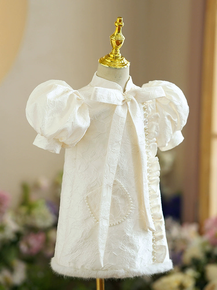 A-line Champagne Satin Back Zip Baptism Beaded Tea Length Short Sleeve Puff Sleeve Mock Neck Flower Girl Dress