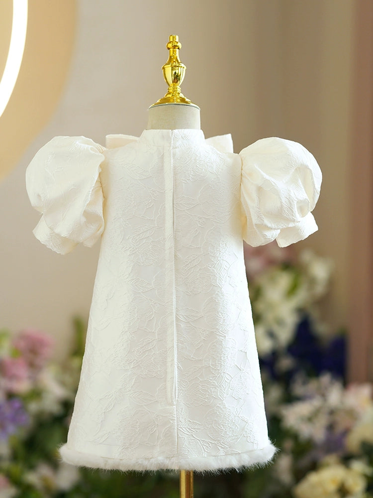 A-line Champagne Satin Back Zip Baptism Beaded Tea Length Short Sleeve Puff Sleeve Mock Neck Flower Girl Dress