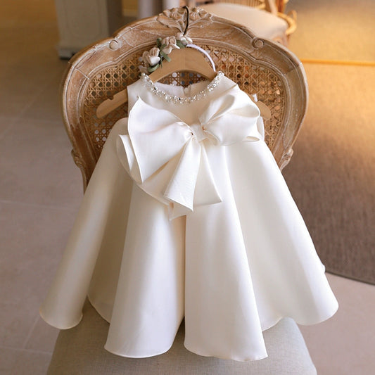A-line White Satin Back Zip Baptism Bow(s) Tea Length Sleeveless Round Flower Girl Dress