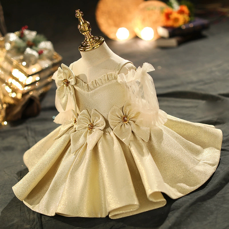 Champagne Satin Back Zip Baptism Bow(s) Tea Length Short Sleeve Cold Shoulder Sleeve V-Neck Flower Girl Dress