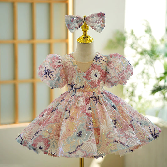 Colorful Sequined Back Zip Baptism Sequin Tea Length Short Sleeve Puff Sleeve Round Flower Girl Dress