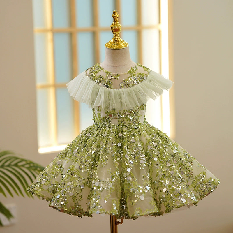 Green Sequined Back Zip Baptism Sequins Tea Length Sleeveless Round Flower Girl Dress