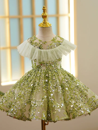 Green Sequined Back Zip Baptism Sequins Tea Length Sleeveless Round Flower Girl Dress