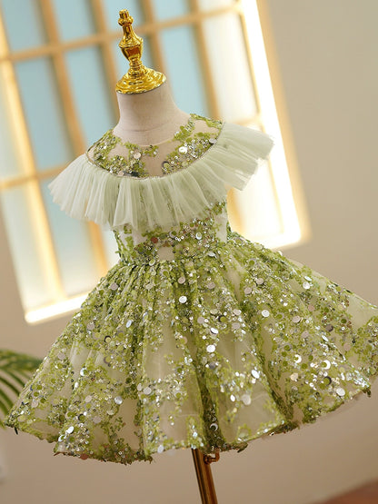 Green Sequined Back Zip Baptism Sequins Tea Length Sleeveless Round Flower Girl Dress