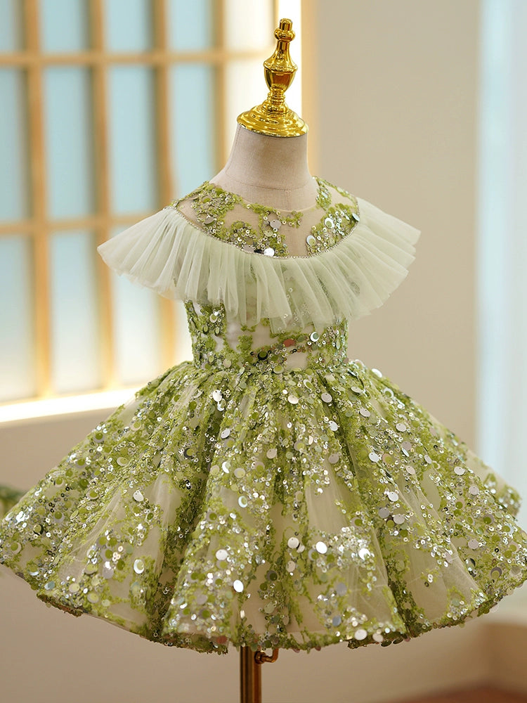 Green Sequined Back Zip Baptism Sequins Tea Length Sleeveless Round Flower Girl Dress