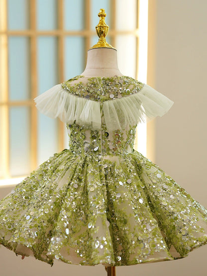 Green Sequined Back Zip Baptism Sequins Tea Length Sleeveless Round Flower Girl Dress