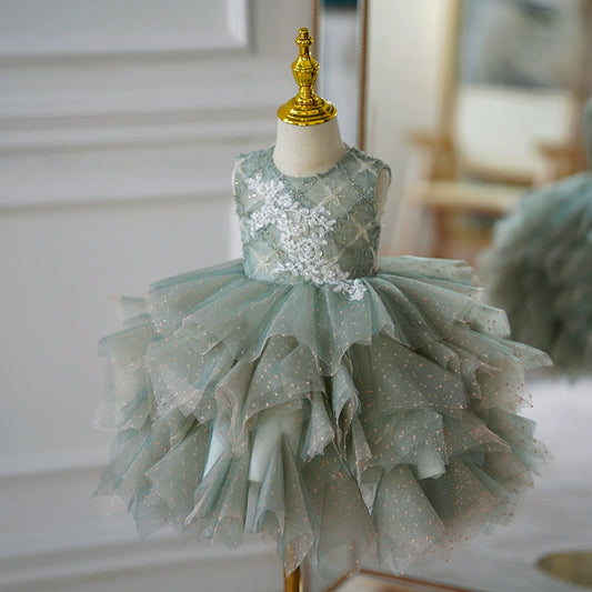 Green Tulle Back Zip Baptism Lace Tea Length Sleeveless Round Flower Girl Dress