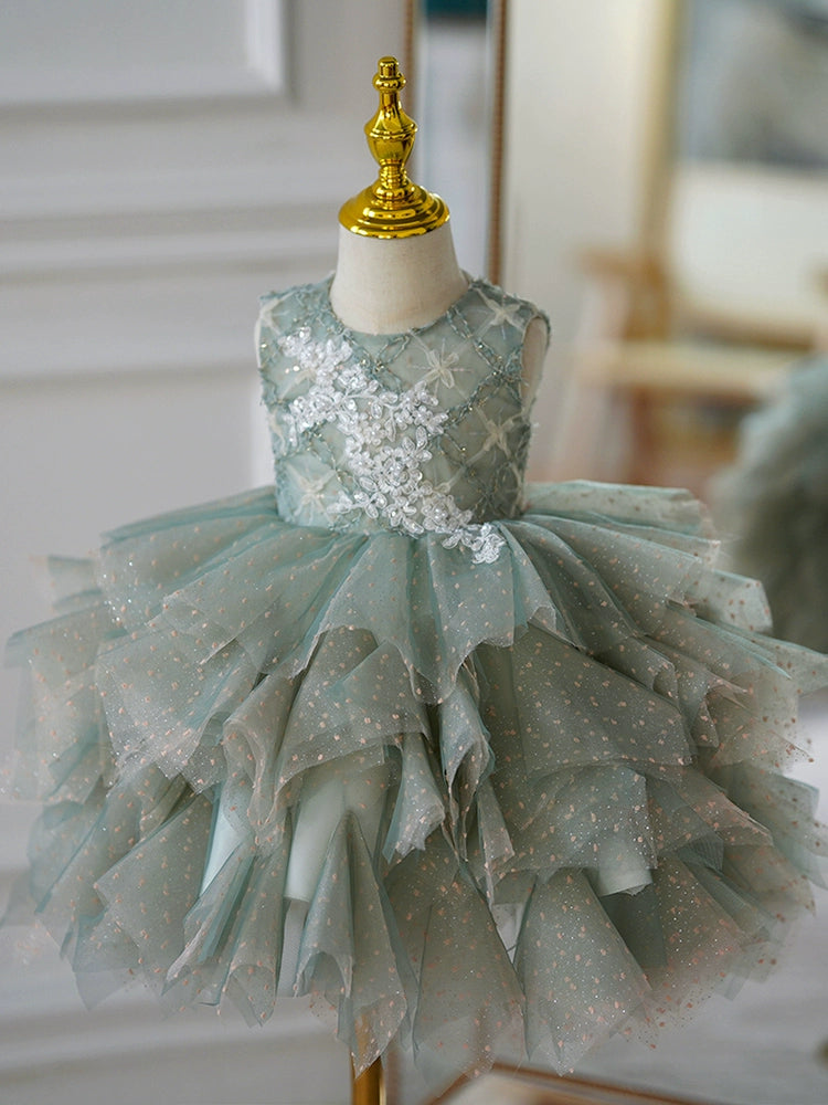 Green Tulle Back Zip Baptism Lace Tea Length Sleeveless Round Flower Girl Dress