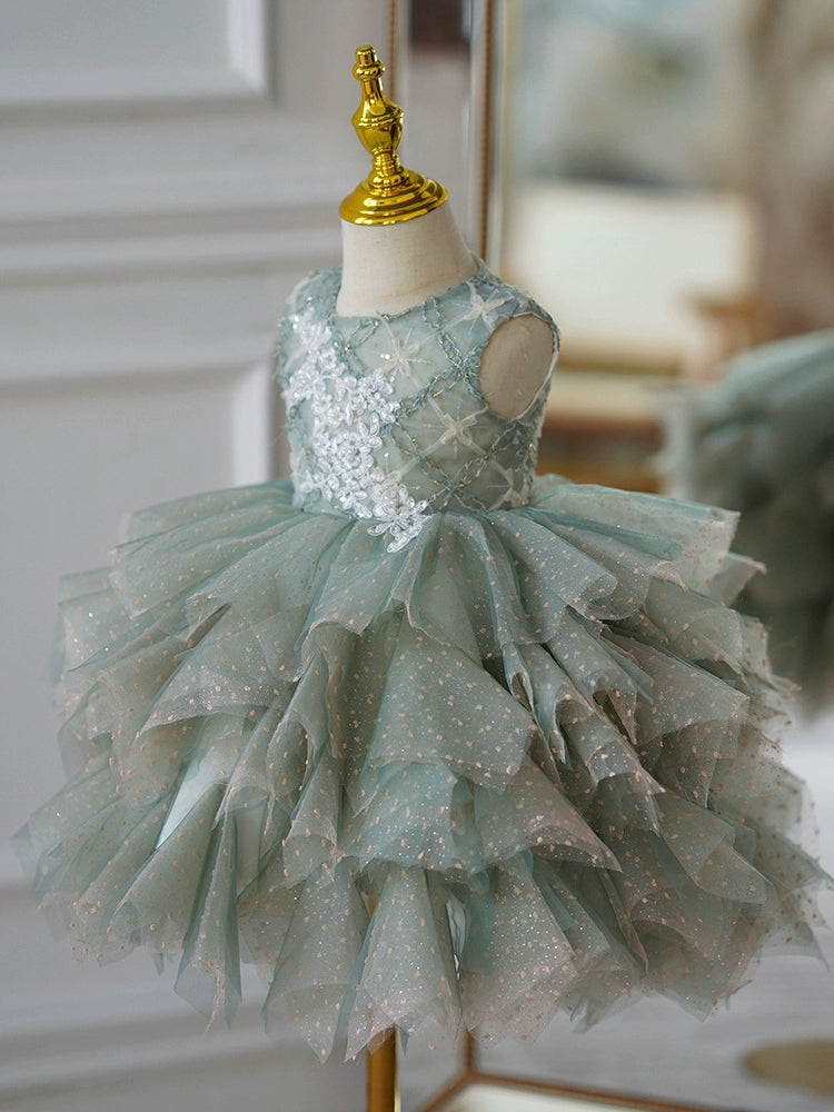 Green Tulle Back Zip Baptism Lace Tea Length Sleeveless Round Flower Girl Dress