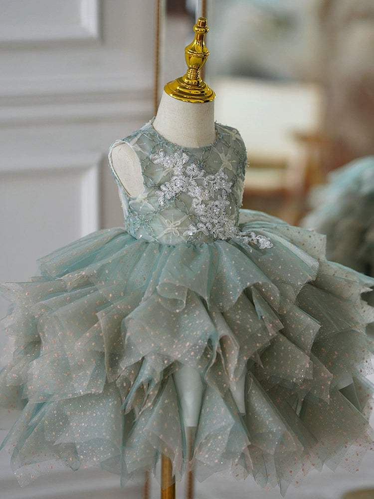 Green Tulle Back Zip Baptism Lace Tea Length Sleeveless Round Flower Girl Dress