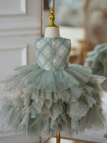 Green Tulle Back Zip Baptism Lace Tea Length Sleeveless Round Flower Girl Dress