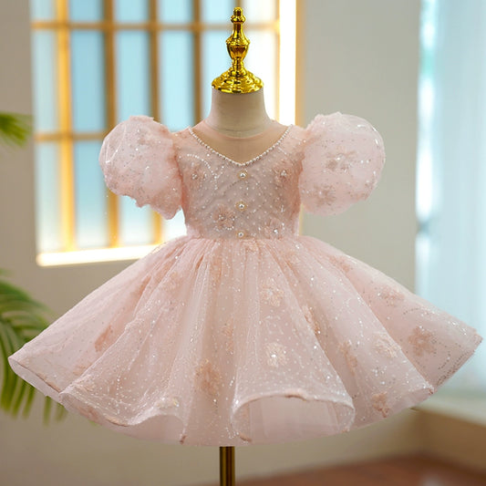 Pink Sequined Back Zip Baptism Sequins Tea Length Short Sleeve Puff Sleeve V-Neck Flower Girl Dress