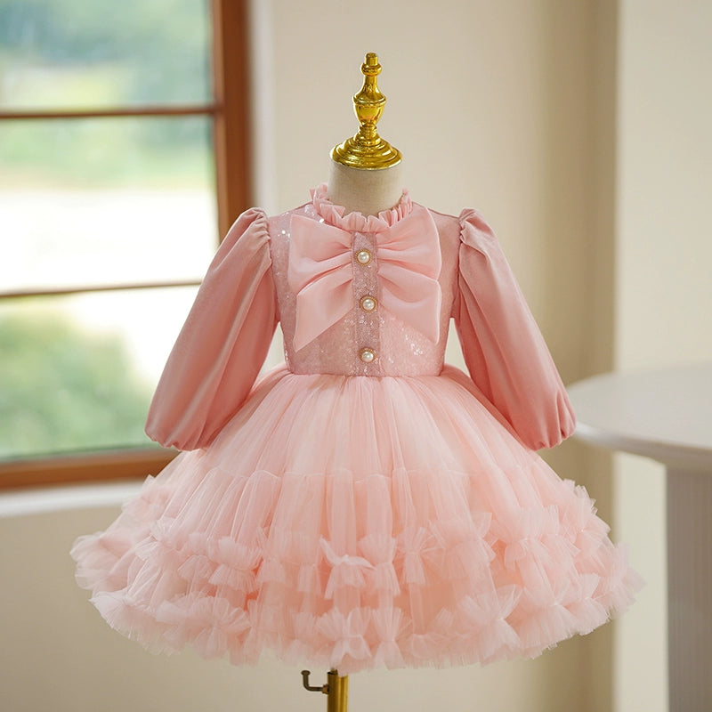 Pink Tulle Back Zip Baptism Bow(s) Tea Length Long Sleeve Lantern Sleeve Mock Neck Flower Girl Dress