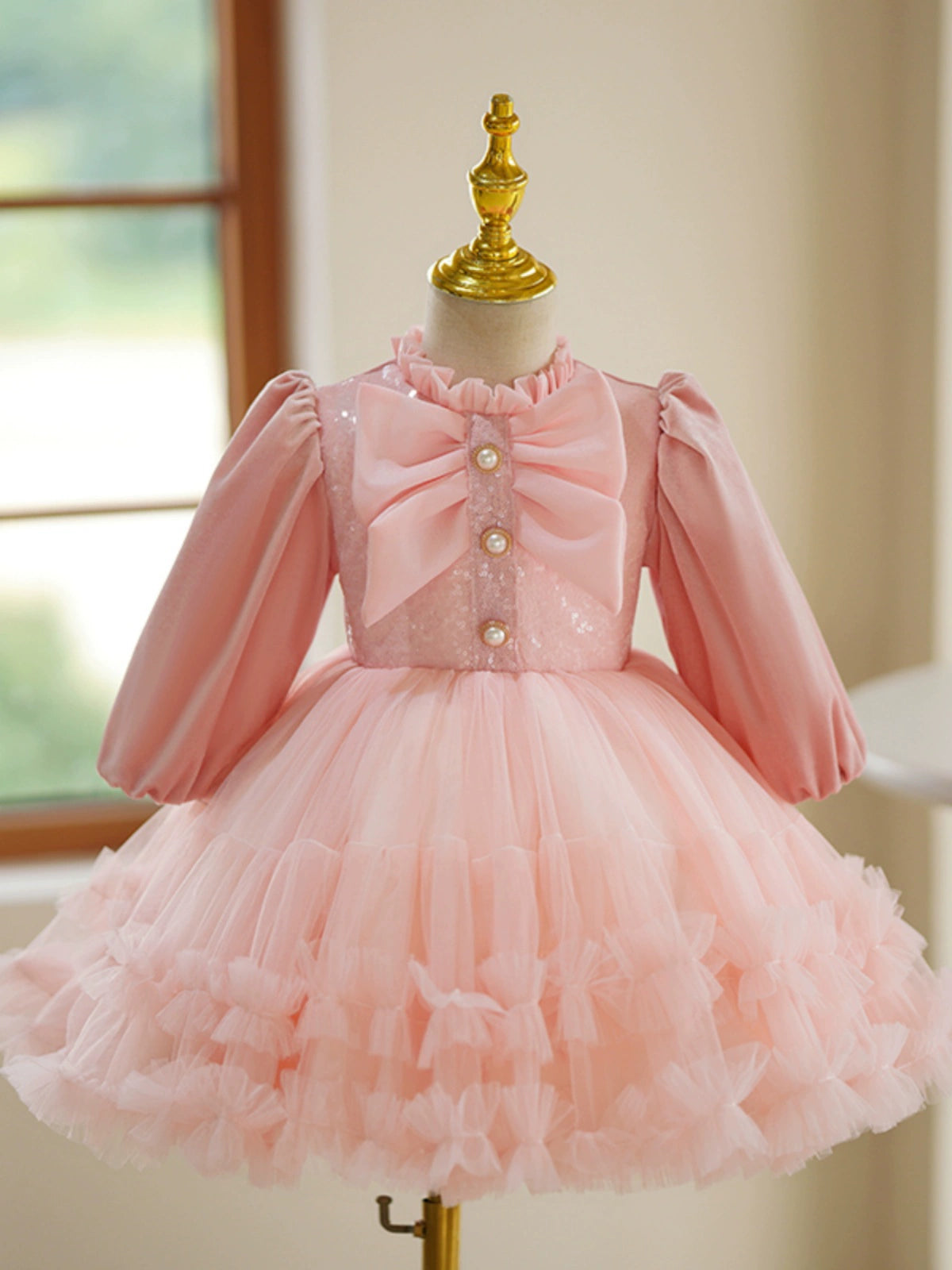 Pink Tulle Back Zip Baptism Bow(s) Tea Length Long Sleeve Lantern Sleeve Mock Neck Flower Girl Dress