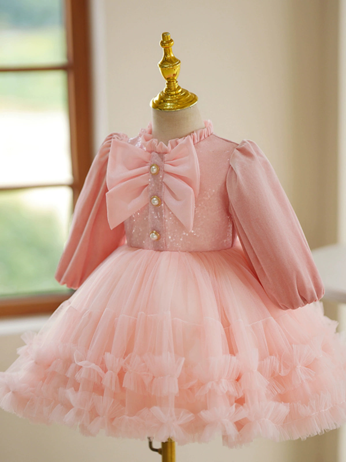 Pink Tulle Back Zip Baptism Bow(s) Tea Length Long Sleeve Lantern Sleeve Mock Neck Flower Girl Dress