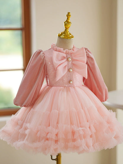 Pink Tulle Back Zip Baptism Bow(s) Tea Length Long Sleeve Lantern Sleeve Mock Neck Flower Girl Dress