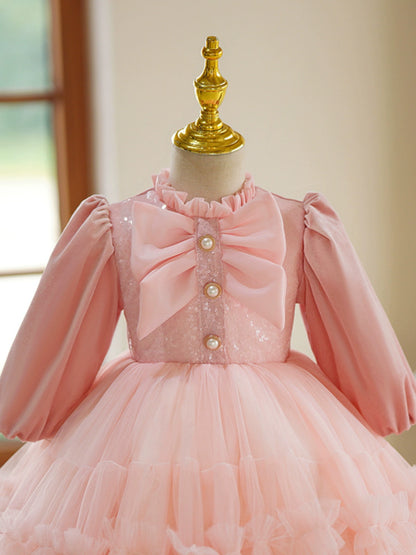 Pink Tulle Back Zip Baptism Bow(s) Tea Length Long Sleeve Lantern Sleeve Mock Neck Flower Girl Dress