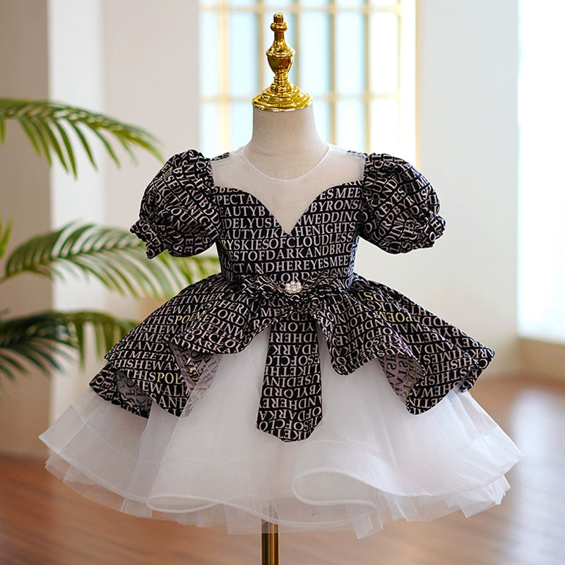 Princess Black Organza Back Zip Baptism Cascading Ruffles Tea Length Short Sleeve Puff Sleeve Round Flower Girl Dress