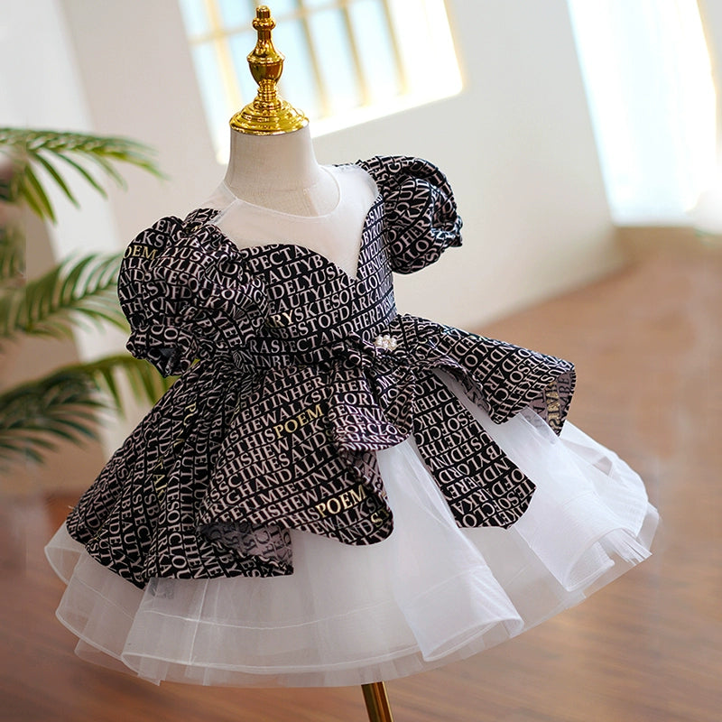 Princess Black Organza Back Zip Baptism Cascading Ruffles Tea Length Short Sleeve Puff Sleeve Round Flower Girl Dress