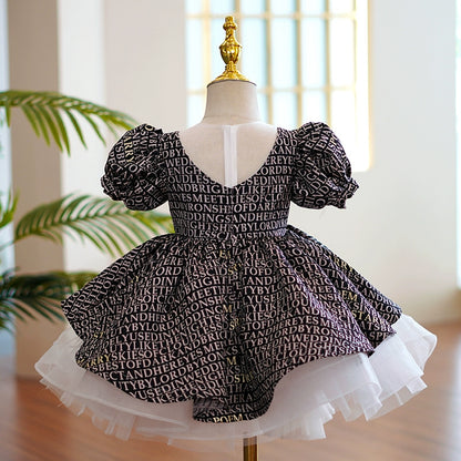 Princess Black Organza Back Zip Baptism Cascading Ruffles Tea Length Short Sleeve Puff Sleeve Round Flower Girl Dress